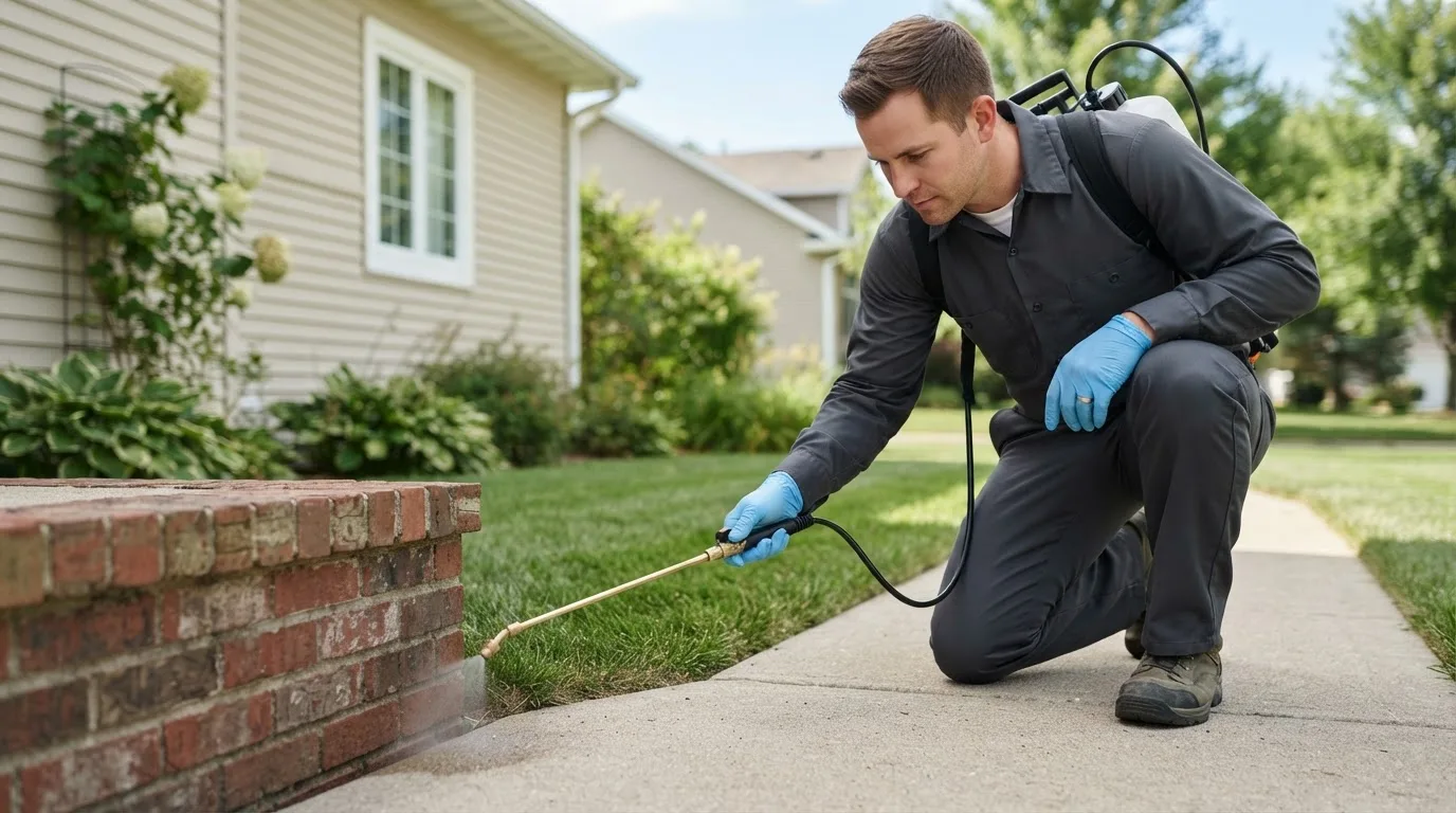 Pest control technician treating a home near Wayne, MI