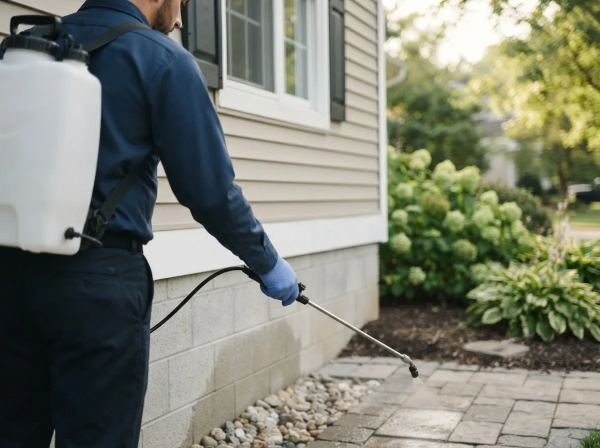 Pest control technician inspecting a home in Wayne, MI